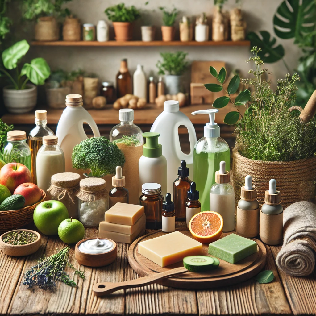 Eco-friendly cleaning products on a wooden table